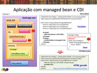 <!DOCTYPE	
  html	
  PUBLIC	
  "-­‐//W3C//DTD	
  XHTML	
  1.0	
  Transi0onal//EN"	
  
"hwp://www.w3.org/TR/xhtml1/DTD/xhtml1-­‐transi0onal.dtd">	
  
<html	
  xmlns="hwp://www.w3.org/1999/xhtml"><head>	
  	
  
	
  	
  	
  	
  	
  	
  	
  	
  	
  <0tle>Introducao	
  a	
  JSF</0tle></head><body>	
  	
  
	
  	
  	
  	
  	
  	
  	
  	
  	
  <p>Hello!</p>	
  
</body>	
  
</html>	
  
Aplicação	
  com	
  managed	
  bean	
  e	
  CDI	
  
basicapp.war	
  
	
  
	
  
	
  
	
  
	
  
	
  	
  	
  	
  
	
  
	
  
	
  
	
  
	
  
	
  
	
  
	
  
	
  
	
  
WEB-­‐INF	
  
	
  
	
  
	
  
	
  
	
  
	
  
	
  
	
  
	
  
	
  
	
  
	
  
lib	
  
	
  
	
  
	
  
	
  
	
  
javax.faces-­‐2.x.jar	
  
intro.xhtml	
  
classes	
  
	
  
	
  
	
  
	
  
	
  
myapp	
  
	
  
	
  
	
  
IntroBean.class	
  
web.xml	
   faces-­‐conﬁg.xml	
  
<!DOCTYPE	
  html	
  PUBLIC	
  "-­‐//W3C//DTD	
  XHTML	
  1.0	
  Transi0onal//EN"	
  
"hwp://www.w3.org/TR/xhtml1/DTD/xhtml1-­‐transi0onal.dtd">	
  
	
  
<html	
  xmlns="hwp://www.w3.org/1999/xhtml"	
  	
  
	
  	
  	
  	
  	
  	
  xmlns:h="hwp://java.sun.com/jsf/html"	
  	
  
	
  	
  	
  	
  	
  	
  xmlns:f="hwp://java.sun.com/jsf/core"	
  	
  
	
  	
  	
  	
  	
  	
  xmlns:ui="hwp://java.sun.com/jsf/facelets">	
  	
  
	
  	
  	
  	
  	
  	
  	
  
	
  	
  	
  	
  	
  	
  <h:head>	
  	
  
	
  	
  	
  	
  	
  	
  	
  	
  	
  <Ctle>Introducao	
  a	
  JSF</Ctle>	
  	
  
	
  	
  	
  	
  	
  	
  </h:head>	
  	
  
	
  	
  	
  	
  	
  	
  <h:body>	
  	
  
	
  	
  	
  	
  	
  	
  	
  	
  	
  <p>#{introBean.mensagem}</p>	
  
	
  	
  	
  	
  	
  	
  </h:body>	
  
</html>	
  
package	
  myapp;	
  
import	
  javax.inject.Named;	
  
@Named	
  
public	
  class	
  IntroBean	
  {	
  
	
  	
  	
  public	
  String	
  getMensagem()	
  {	
  	
  
	
  	
  	
  	
  	
  	
  	
  return	
  "Hello!”;	
  
	
  	
  	
  }	
  
}	
  
intro.xhtml	
  
hTp://localhost:8080/basicapp/intro.faces	
  
IntroBean.java	
  
Facelets	
  
HTML	
  gerado	
  
Java	
  
weld-­‐servlet.jar	
  
beans.xml	
  
Tomcat	
  7	
  
 