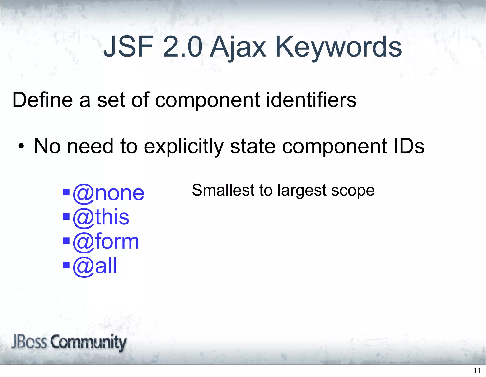 JSF 2.0 Ajax Keywords
Define a set of component identifiers

• No need to explicitly state component IDs

     @none        Smallest to largest scope
     @this
     @form
     @all



                                               11
 