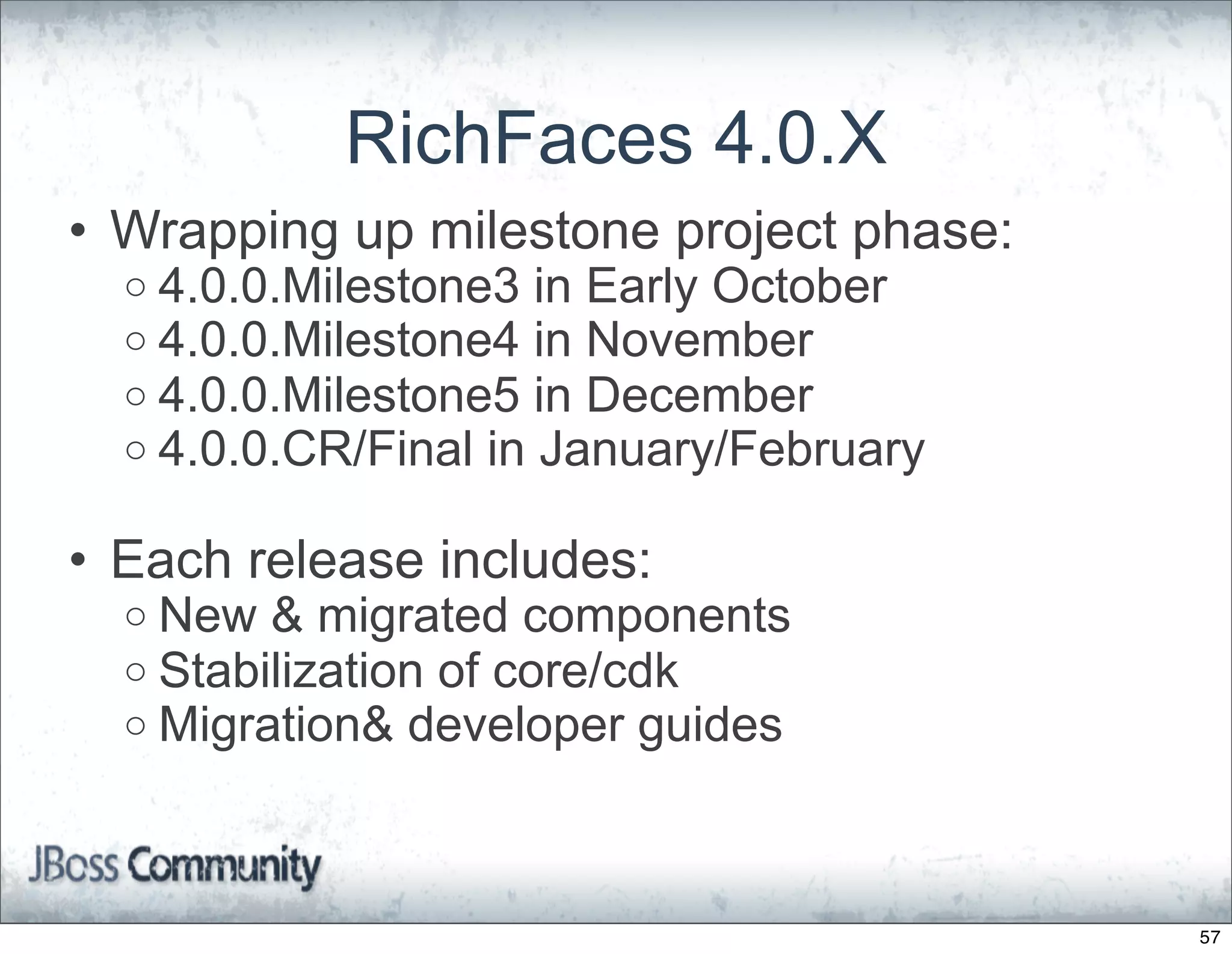 RichFaces 4.0.X
• Wrapping up milestone project phase:
  o 4.0.0.Milestone3 in Early October
  o 4.0.0.Milestone4 in November
  o 4.0.0.Milestone5 in December
  o 4.0.0.CR/Final in January/February


• Each release includes:
  o New & migrated components
  o Stabilization of core/cdk
  o Migration& developer guides




                                         57
 