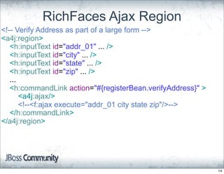RichFaces Ajax Region
<!-- Verify Address as part of a large form -->
<a4j:region>
   <h:inputText id="addr_01" ... />
   <h:inputText id="city" ... />
   <h:inputText id="state" ... />
   <h:inputText id="zip" ... />
   ...
   <h:commandLink action="#{registerBean.verifyAddress}" >
       <a4j:ajax/>
       <!--<f:ajax execute="addr_01 city state zip"/>-->
   </h:commandLink>
</a4j:region>




                                                             14
 