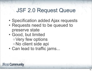 JSF 2.0 Request Queue
• Specification added Ajax requests
• Requests need to be queued to
  preserve state
• Good, but limited
  o Very few options
  o No client side api
• Can lead to traffic jams...



                                      16
 