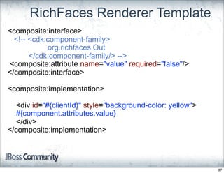 RichFaces Renderer Template
<composite:interface>
  <!-- <cdk:component-family>
            org.richfaces.Out
       </cdk:component-family/> -->
<composite:attribute name="value" required="false"/>
</composite:interface>

<composite:implementation>

  <div id="#{clientId}" style="background-color: yellow">
  #{component.attributes.value}
  </div>
</composite:implementation>




                                                            37
 