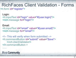 RichFaces Client Validation - Forms
<h:form id="register">

 Login:
 <h:inputText id="login" value="#{user.login}"/>
 <rich:message for="login"/>

 Email:
 <h:inputText id="email" value="#{user.email}"/>
 <rich:message for="email"/>

 <!-- This will verify when form submitted -->
 <h:commandButton id="submit" value="Save">
       <rich:clientValidator/>
 </h:commandButton >
 ......


                                                   52
 