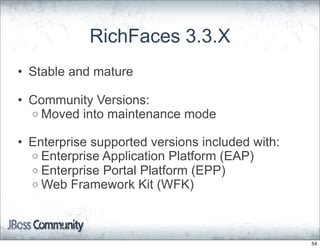 RichFaces 3.3.X
• Stable and mature

• Community Versions:
  o Moved into maintenance mode

• Enterprise supported versions included with:
  o Enterprise Application Platform (EAP)
  o Enterprise Portal Platform (EPP)
  o Web Framework Kit (WFK)




                                                 54
 