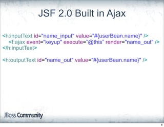 JSF 2.0 Built in Ajax

<h:inputText id="name_input" value="#{userBean.name}" />
  <f:ajax event="keyup" execute=”@this” render="name_out" />
</h:inputText>

<h:outputText id="name_out" value="#{userBean.name}" />




                                                               8
 