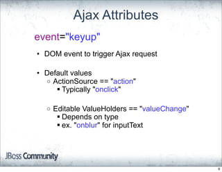 Ajax Attributes
event="keyup"
• DOM event to trigger Ajax request

• Default values
  o ActionSource == "action"
      Typically "onclick"

  o   Editable ValueHolders == "valueChange"
        Depends on type
        ex. "onblur" for inputText




                                               9
 