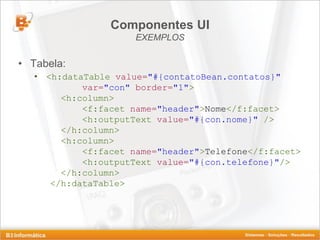 Componentes UI
                      EXEMPLOS

• Tabela:
   • <h:dataTable value="#{contatoBean.contatos}"
            var="con" border="1">
        <h:column>
            <f:facet name="header">Nome</f:facet>
            <h:outputText value="#{con.nome}" />
        </h:column>
        <h:column>
            <f:facet name="header">Telefone</f:facet>
            <h:outputText value="#{con.telefone}"/>
        </h:column>
      </h:dataTable>
 