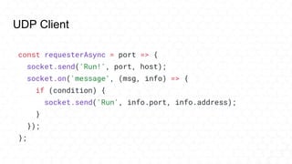 UDP Client
const requesterAsync = port => {
socket.send('Run!', port, host);
socket.on('message', (msg, info) => {
if (condition) {
socket.send('Run', info.port, info.address);
}
});
};
 
