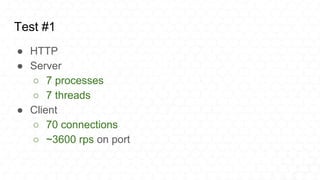 Test #1
● HTTP
● Server
○ 7 processes
○ 7 threads
● Client
○ 70 connections
○ ~3600 rps on port
 
