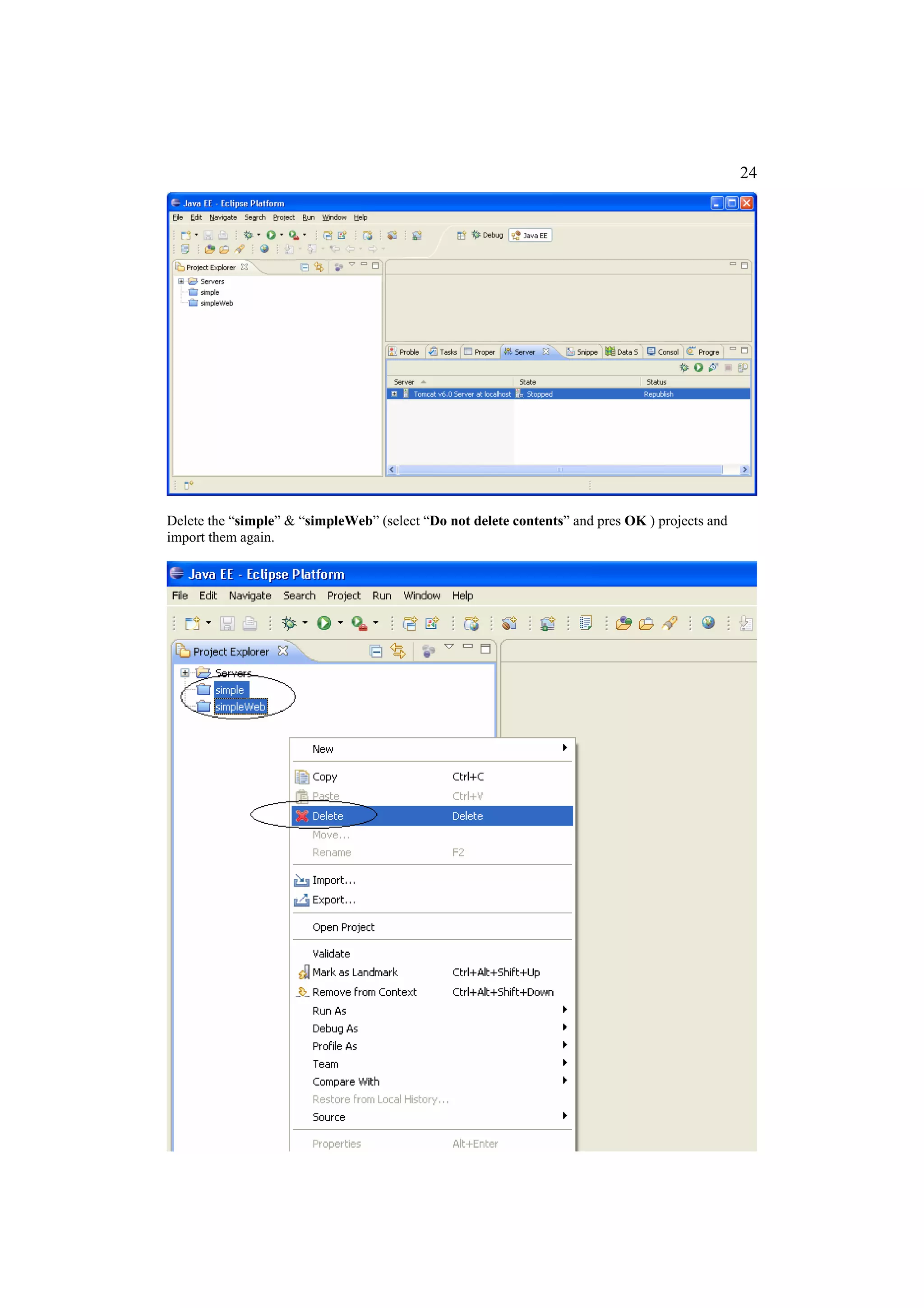 24




Delete the “simple” & “simpleWeb” (select “Do not delete contents” and pres OK ) projects and
import them again.
 