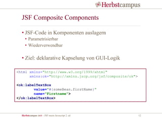 Herbstcampus 2015 – JSF meets Javascript 2. ed 12
JSF Composite Components
• JSF-Code in Komponenten auslagern
• Parametrisierbar
• Wiederverwendbar
• Ziel: deklarative Kapselung von GUI-Logik
<html xmlns="http://www.w3.org/1999/xhtml"
xmlns:ok="http://xmlns.jscp.org/jsf/composite/ok">
<ok:labelTextBox
value="#{someBean.firstName}"
name="Firstname">
</ok:labelTextBox>
 