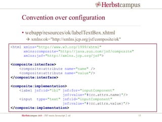 Herbstcampus 2015 – JSF meets Javascript 2. ed 15
Convention over configuration
• webapp/resources/ok/labelTextBox.xhtml
 xmlns:ok="http://xmlns.jcp.org/jsf/composite/ok"
<html xmlns="http://www.w3.org/1999/xhtml"
xmlns:composite="http://java.sun.com/jsf/composite"
xmlns:jsf="http://xmlns.jcp.org/jsf">
<composite:interface>
<composite:attribute name="name" />
<composite:attribute name="value"/>
</composite:interface>
<composite:implementation>
<label jsf:id="lbl" jsf:for="inputComponent"
jsf:value="#{cc.attrs.name}"/>
<input type="text" jsf:id="inputComponent"
jsf:value="#{cc.attrs.value}"/>
</composite:implementation>
 