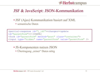 Herbstcampus 2015 – JSF meets Javascript 2. ed 53
JSF & JavaScript: JSON-Kommunikation
• JSF (Ajax) Kommunikation basiert auf XML
• semantische Daten
• JS-Komponenten nutzen JSON
• Übertragung „reiner“ Daten nötig
<partial-response id="j_id1"><changes><update
id="parentForm"><![CDATA[
<form id="parentForm" method="post" class="container">
<input type="hidden" name="parentForm" value="parentForm" />
 