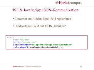 Herbstcampus 2015 – JSF meets Javascript 2. ed 62
JSF & JavaScript: JSON-Kommunikation
• Converter am Hidden-Input-Feld registrieren
• Hidden-Input-Field mit JSON „befüllen“
<input
type="hidden"
jsf:id="jsonHelper"
jsf:converter="de.openknowledge.ChartConverter"
jsf:value="#{somebean.chartDataModel}"/>
 