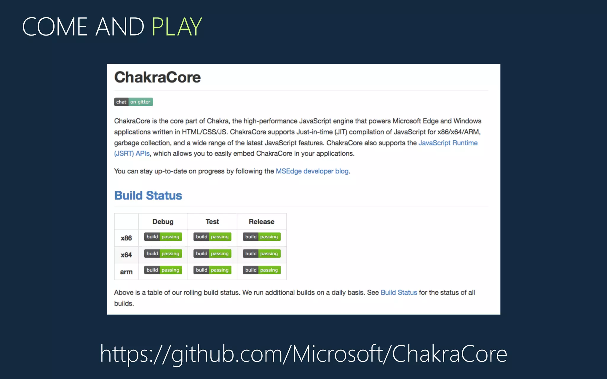 https://github.com/Microsoft/ChakraCore
COME AND PLAY
 