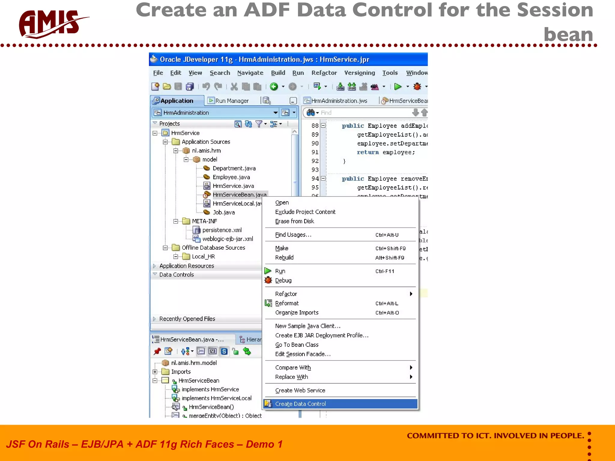 Create an ADF Data Control for the Session bean 