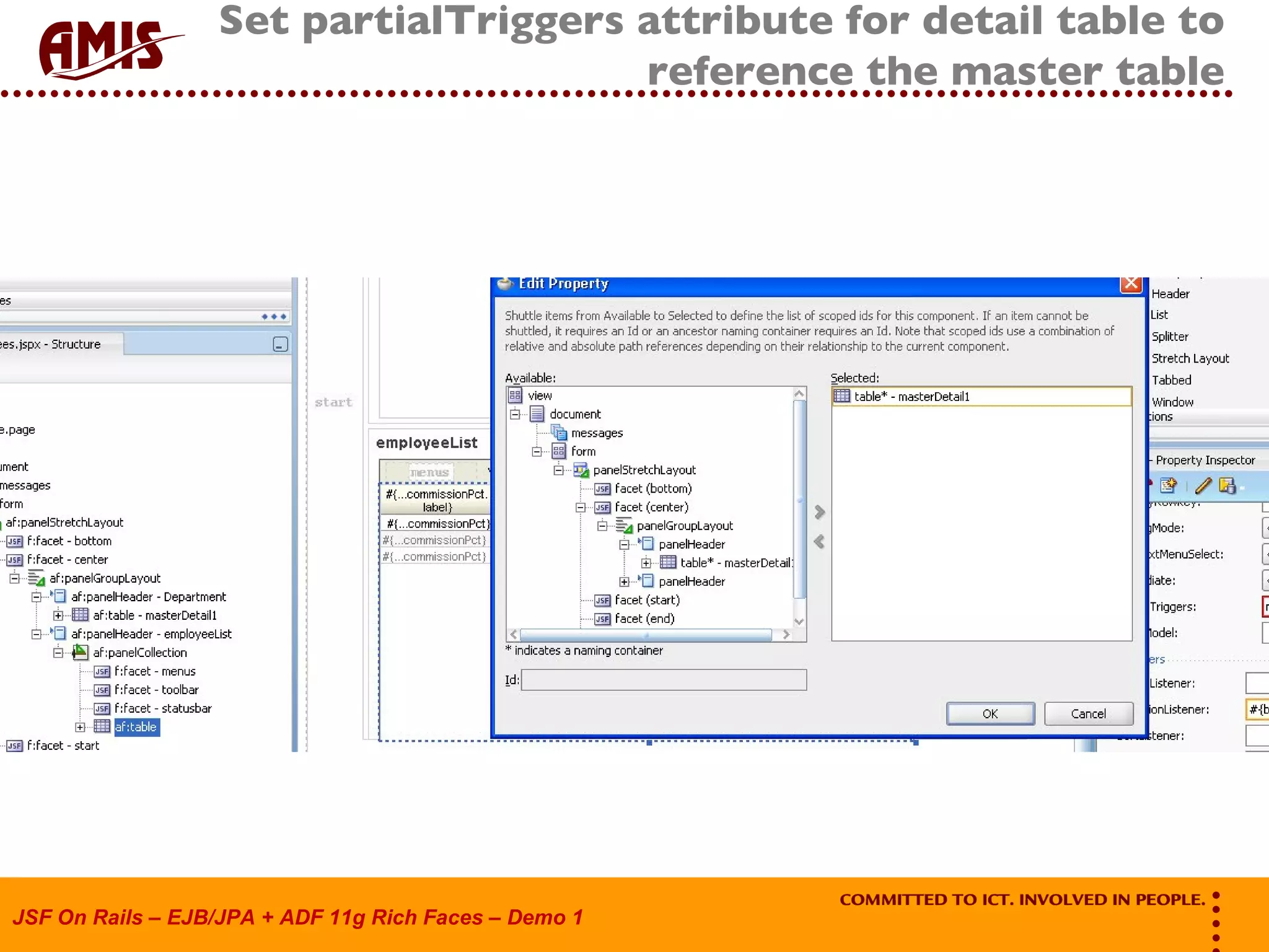 Set partialTriggers attribute for detail table to reference the master table 