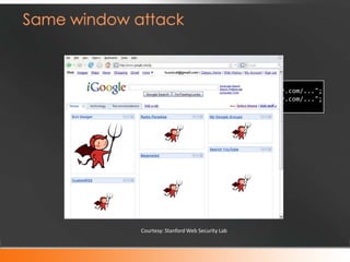 top.frames[1].location = "http://www.attacker.com/...";
top.frames[2].location = "http://www.attacker.com/...";
                         ...




      Courtesy: Stanford Web Security Lab
 