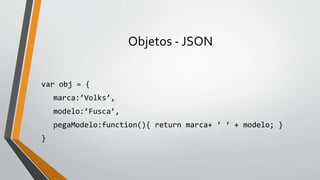Objetos - JSON
var obj = {
marca:’Volks’,
modelo:’Fusca’,
pegaModelo:function(){ return marca+ ‘ ‘ + modelo; }
}
 