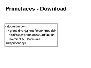 Primefaces - Download
<dependency>
<groupId>org.primefaces</groupId>
<artifactId>primefaces</artifactId>
<version>5.0</version>
</dependency>
 