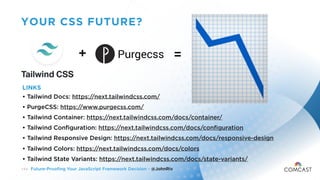 Future-Proofing Your JavaScript Framework Decision - @JohnRiv
YOUR CSS FUTURE?
1 3 4
Purgecss =+
LINKS
• Tailwind Docs: ht...