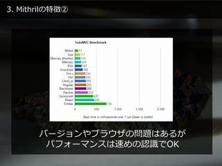 3. Mithrilの特徴②
バージョンやブラウザの問題はあるが
パフォーマンスは速めの認識でOK
 