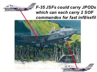 F-35 JSFs could carry JPODs
which can each carry 2 SOF
commandos for fast infil/exfil
 