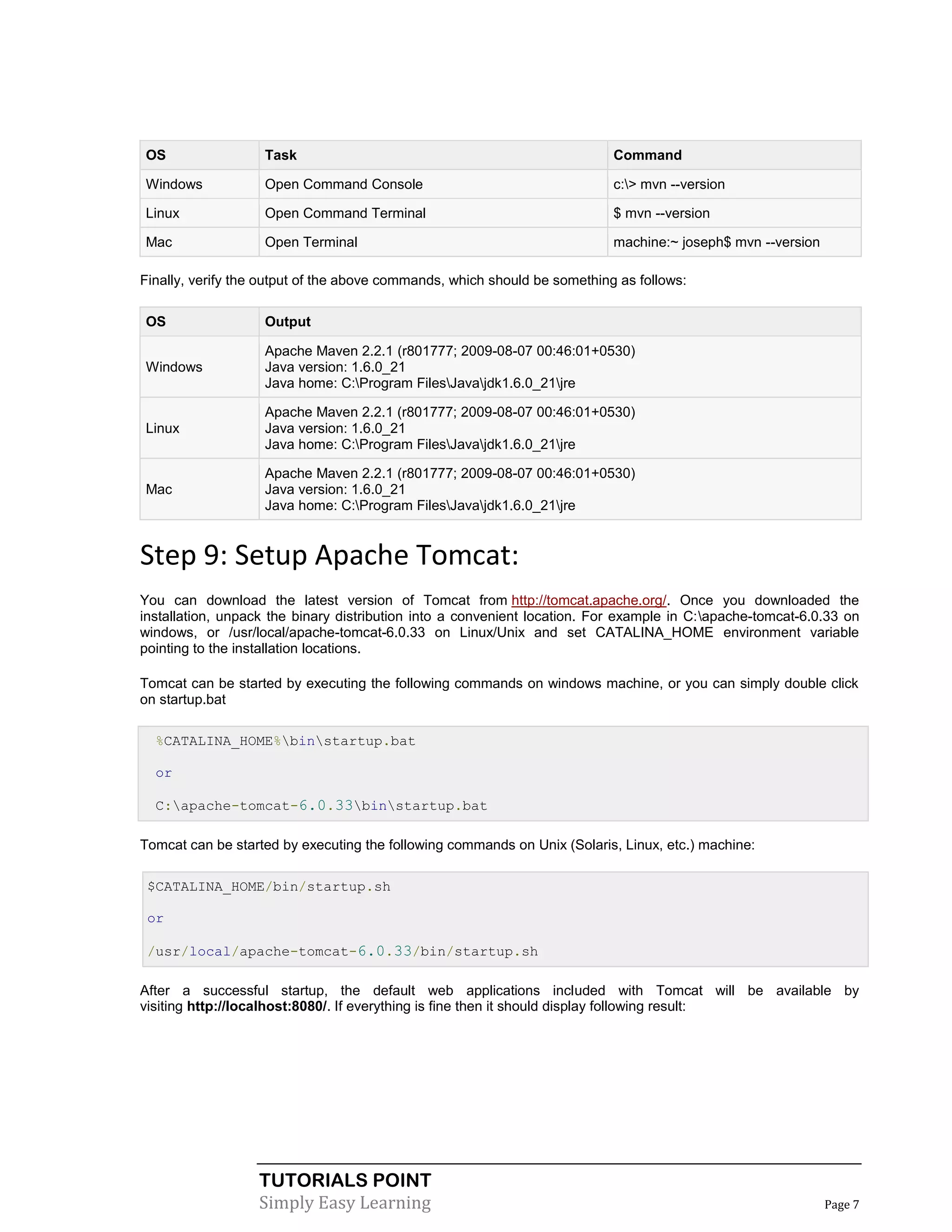 OS                 Task                                                    Command

Windows            Open Command Console                                    c:> mvn --version

Linux              Open Command Terminal                                   $ mvn --version

Mac                Open Terminal                                           machine:~ joseph$ mvn --version

Finally, verify the output of the above commands, which should be something as follows:

OS                 Output

                   Apache Maven 2.2.1 (r801777; 2009-08-07 00:46:01+0530)
Windows            Java version: 1.6.0_21
                   Java home: C:Program FilesJavajdk1.6.0_21jre

                   Apache Maven 2.2.1 (r801777; 2009-08-07 00:46:01+0530)
Linux              Java version: 1.6.0_21
                   Java home: C:Program FilesJavajdk1.6.0_21jre

                   Apache Maven 2.2.1 (r801777; 2009-08-07 00:46:01+0530)
Mac                Java version: 1.6.0_21
                   Java home: C:Program FilesJavajdk1.6.0_21jre


Step 9: Setup Apache Tomcat:
You can download the latest version of Tomcat from http://tomcat.apache.org/. Once you downloaded the
installation, unpack the binary distribution into a convenient location. For example in C:apache-tomcat-6.0.33 on
windows, or /usr/local/apache-tomcat-6.0.33 on Linux/Unix and set CATALINA_HOME environment variable
pointing to the installation locations.

Tomcat can be started by executing the following commands on windows machine, or you can simply double click
on startup.bat

  %CATALINA_HOME%binstartup.bat

  or

  C:apache-tomcat-6.0.33binstartup.bat

Tomcat can be started by executing the following commands on Unix (Solaris, Linux, etc.) machine:

 $CATALINA_HOME/bin/startup.sh

 or

 /usr/local/apache-tomcat-6.0.33/bin/startup.sh

After a successful startup, the default web applications included with Tomcat will be available by
visiting http://localhost:8080/. If everything is fine then it should display following result:




                  TUTORIALS POINT
                  Simply Easy Learning                                                                       Page 7
 