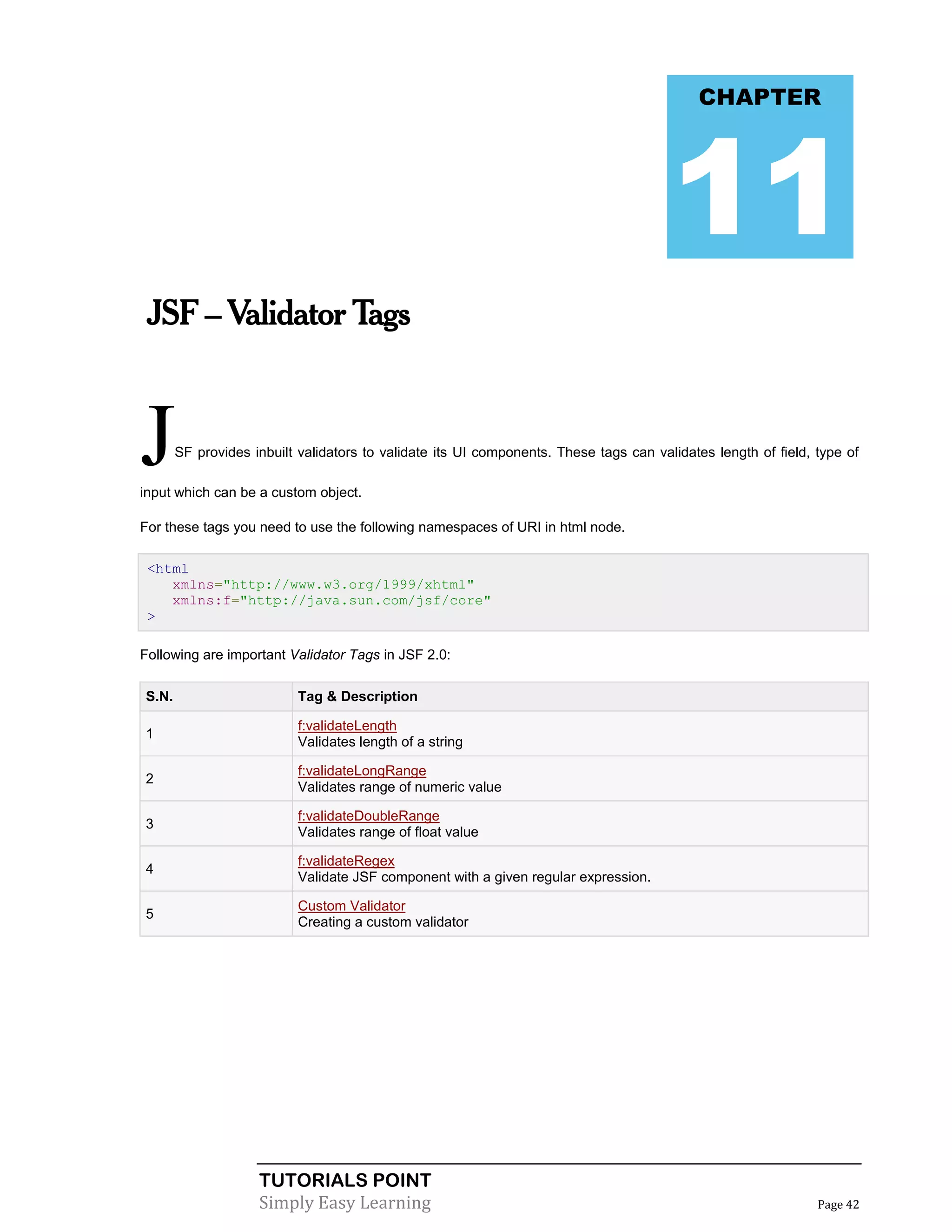 CHAPTER




                                                                                       11
 JSF – Validator Tags



J      SF provides inbuilt validators to validate its UI components. These tags can validates length of field, type of

input which can be a custom object.

For these tags you need to use the following namespaces of URI in html node.

 <html
    xmlns="http://www.w3.org/1999/xhtml"
    xmlns:f="http://java.sun.com/jsf/core"
 >

Following are important Validator Tags in JSF 2.0:

S.N.                       Tag & Description

                           f:validateLength
1
                           Validates length of a string

                           f:validateLongRange
2
                           Validates range of numeric value

                           f:validateDoubleRange
3
                           Validates range of float value

                           f:validateRegex
4
                           Validate JSF component with a given regular expression.

                           Custom Validator
5
                           Creating a custom validator




                    TUTORIALS POINT
                    Simply Easy Learning                                                                       Page 42
 