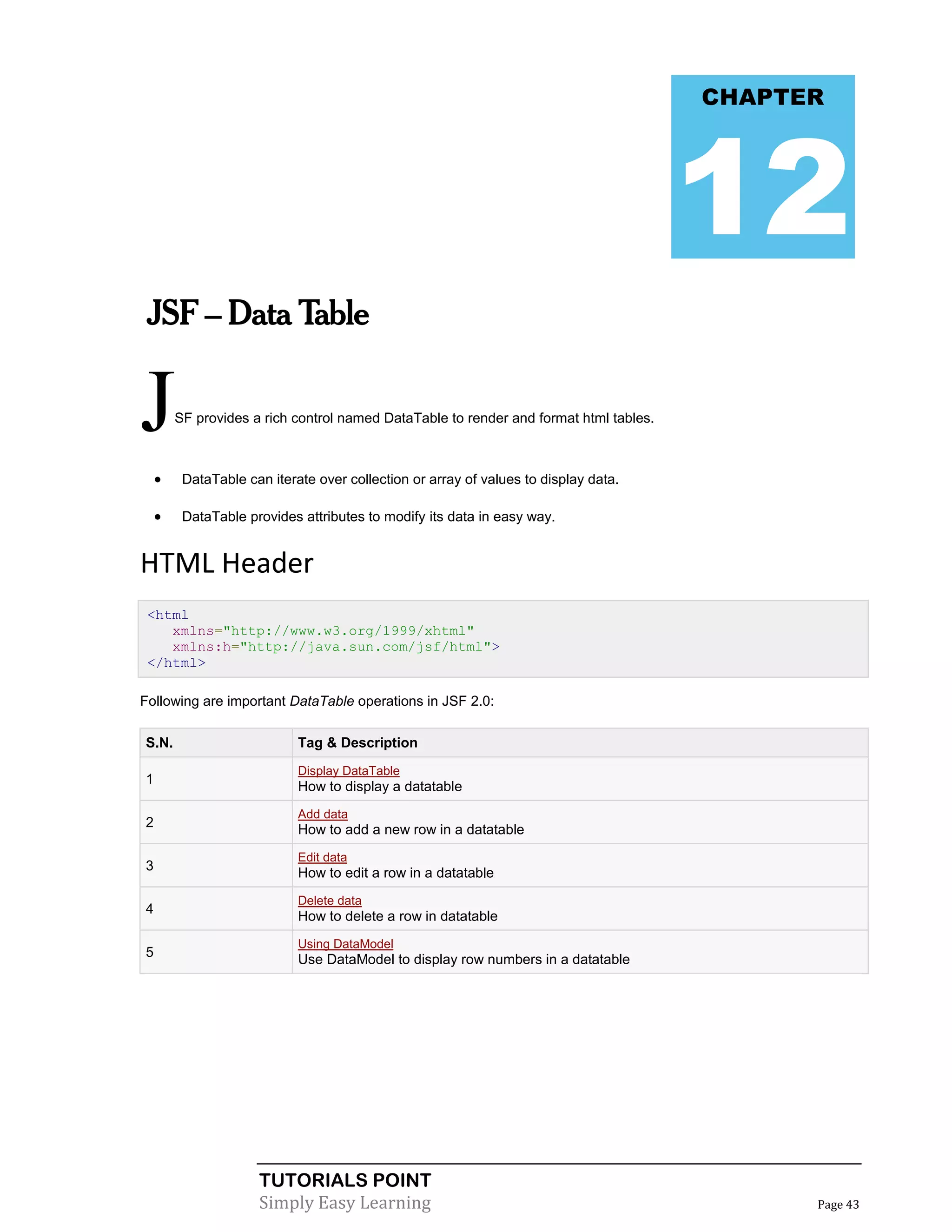 CHAPTER




                                                                                       12
 JSF – Data Table


J       SF provides a rich control named DataTable to render and format html tables.



        DataTable can iterate over collection or array of values to display data.

        DataTable provides attributes to modify its data in easy way.


HTML Header
 <html
    xmlns="http://www.w3.org/1999/xhtml"
    xmlns:h="http://java.sun.com/jsf/html">
 </html>

Following are important DataTable operations in JSF 2.0:

S.N.                        Tag & Description
                            Display DataTable
1
                            How to display a datatable
                            Add data
2
                            How to add a new row in a datatable
                            Edit data
3
                            How to edit a row in a datatable
                            Delete data
4
                            How to delete a row in datatable
                            Using DataModel
5
                            Use DataModel to display row numbers in a datatable




                     TUTORIALS POINT
                     Simply Easy Learning                                                    Page 43
 