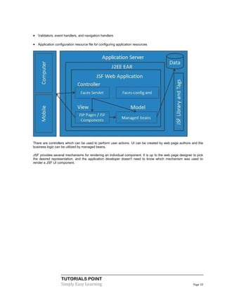  Validators, event handlers, and navigation handlers

 Application configuration resource file for configuring application resources




There are controllers which can be used to perform user actions. UI can be created by web page authors and the
business logic can be utilized by managed beans.

JSF provides several mechanisms for rendering an individual component. It is up to the web page designer to pick
the desired representation, and the application developer doesn't need to know which mechanism was used to
render a JSF UI component.




                   TUTORIALS POINT
                   Simply Easy Learning                                                                  Page 10
 