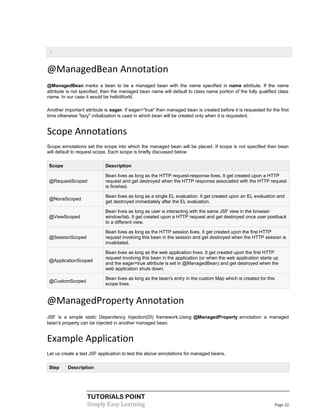 }


@ManagedBean Annotation
@ManagedBean marks a bean to be a managed bean with the name specified in name attribute. If the name
attribute is not specified, then the managed bean name will default to class name portion of the fully qualified class
name. In our case it would be helloWorld.

Another important attribute is eager. If eager="true" then managed bean is created before it is requested for the first
time otherwise "lazy" initialization is used in which bean will be created only when it is requested.


Scope Annotations
Scope annotations set the scope into which the managed bean will be placed. If scope is not specified then bean
will default to request scope. Each scope is briefly discussed below

Scope                       Description

                            Bean lives as long as the HTTP request-response lives. It get created upon a HTTP
@RequestScoped              request and get destroyed when the HTTP response associated with the HTTP request
                            is finished.

                            Bean lives as long as a single EL evaluation. It get created upon an EL evaluation and
@NoneScoped
                            get destroyed immediately after the EL evaluation.

                            Bean lives as long as user is interacting with the same JSF view in the browser
@ViewScoped                 window/tab. It get created upon a HTTP request and get destroyed once user postback
                            to a different view.

                            Bean lives as long as the HTTP session lives. It get created upon the first HTTP
@SessionScoped              request involving this bean in the session and get destroyed when the HTTP session is
                            invalidated.

                            Bean lives as long as the web application lives. It get created upon the first HTTP
                            request involving this bean in the application (or when the web application starts up
@ApplicationScoped
                            and the eager=true attribute is set in @ManagedBean) and get destroyed when the
                            web application shuts down.

                            Bean lives as long as the bean's entry in the custom Map which is created for this
@CustomScoped
                            scope lives.


@ManagedProperty Annotation
JSF is a simple static Dependency Injection(DI) framework.Using @ManagedProperty annotation a managed
bean's property can be injected in another managed bean.


Example Application
Let us create a test JSF application to test the above annotations for managed beans.

Step      Description




                   TUTORIALS POINT
                   Simply Easy Learning                                                                          Page 22
 