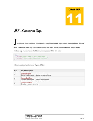 CHAPTER




                                                                                        11
 JSF – Convertor Tags


J      SF provides inbuilt convertors to convert its UI component's data to object used in a managed bean and vice

versa. For example, these tags can convert a text into date object and can validate the format of input as well.

For these tags you need to use the following namespaces of URI in html node.

 <html
    xmlns="http://www.w3.org/1999/xhtml"
    xmlns:f="http://java.sun.com/jsf/core"
 >


Following are important Convertor Tags in JSF 2.0:



S.N.         Tag & Description

             f:convertNumber
1
             Converts a String into a Number of desired format

             f:convertDateTime
2
             Converts a String into a Date of desired format

             Custom Convertor
3
             Creating a custom convertor




                    TUTORIALS POINT
                    Simply Easy Learning                                                                       Page 41
 