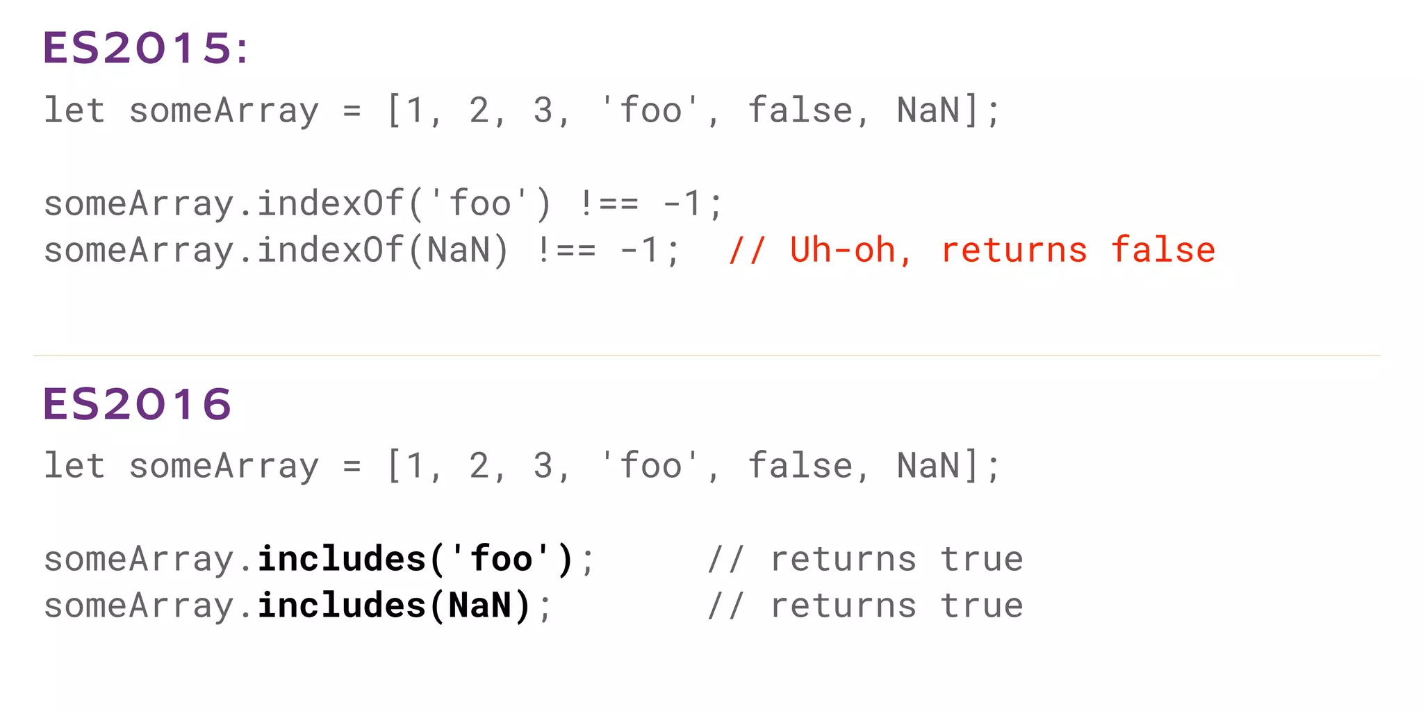 let someArray = [1, 2, 3, 'foo', false, NaN];
someArray.indexOf('foo') !== -1;
someArray.indexOf(NaN) !== -1; // Uh-oh, returns false
ES2015:
let someArray = [1, 2, 3, 'foo', false, NaN];
someArray.includes('foo'); // returns true
someArray.includes(NaN); // returns true
ES2016
 
