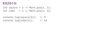 let square = x => Math.pow(x, 2);
let cube = x => Math.pow(x, 3);
console.log(square(3)); // 9
console.log(cube(4)); // 64
ES2015:
 