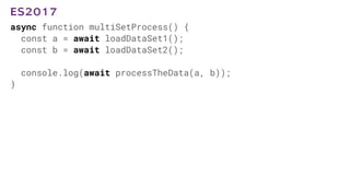 async function multiSetProcess() {
const a = await loadDataSet1();
const b = await loadDataSet2();
console.log(await processTheData(a, b));
}
ES2017
 