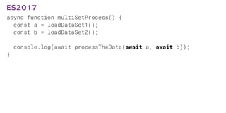 async function multiSetProcess() {
const a = loadDataSet1();
const b = loadDataSet2();
console.log(await processTheData(await a, await b));
}
ES2017
 