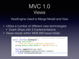 MVC 1.0
Views
ViewEngine Used to Merge Model and View
• Utilize a number of different view technologies
• Ozark Ships with...