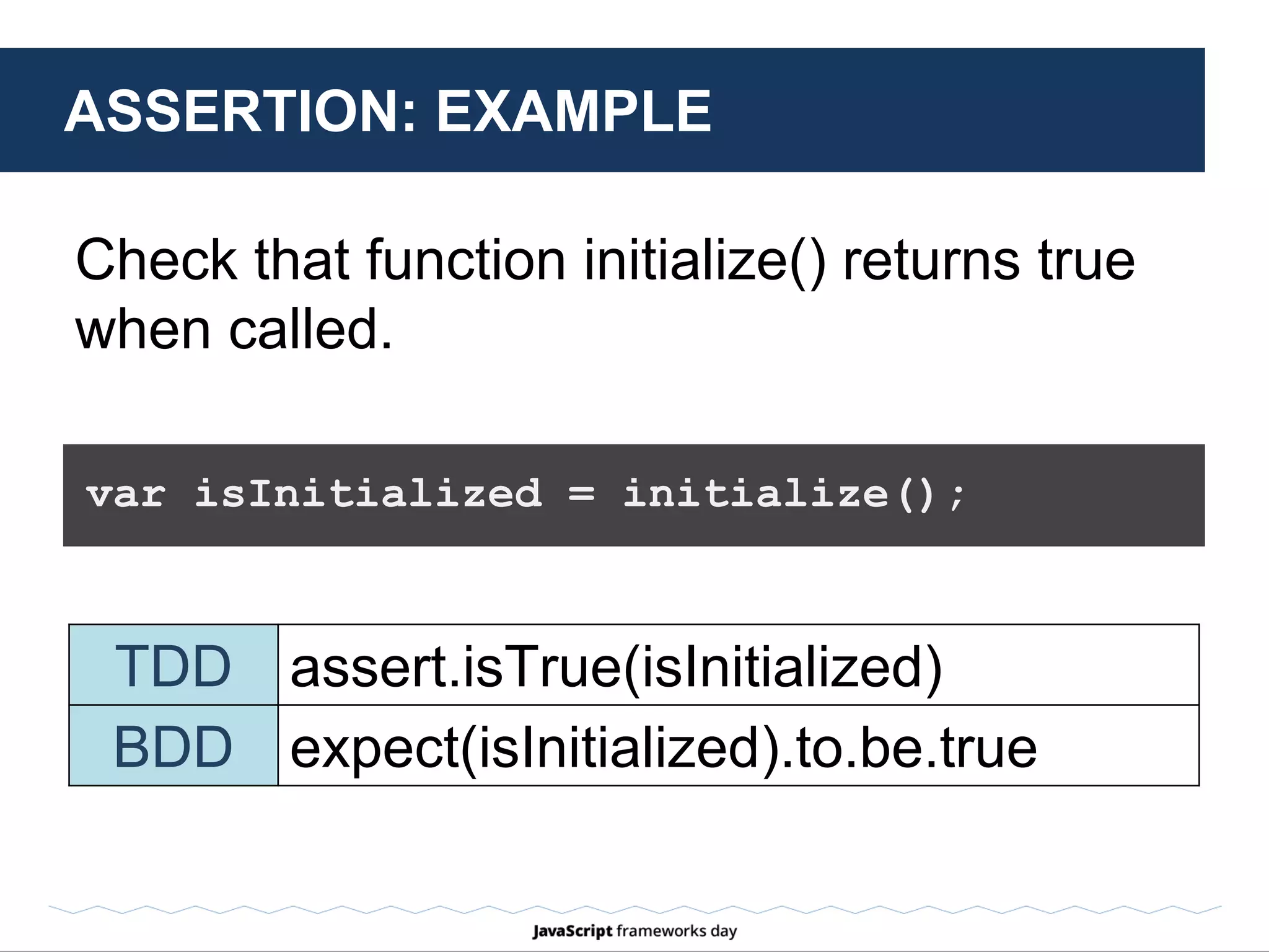 FIXTURE
A test fixture is a fixed state of the software
under test used as a baseline for running
tests.
In JavaScript for client side:
simulate AJAX responses;
loading known set of data such as html
objects.
 