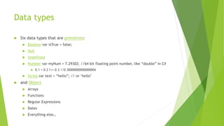 Data types
 Six data types that are primitives:
 Boolean var isTrue = false;
 Null
 Undefined
 Number var myNum = 7.29302; //64 bit floating point number, like “double” in C#
 0.1 + 0.2 !== 0.3 //0.30000000000000004
 String var text = “hello”; // or ‘hello’
 and Object
 Arrays
 Functions
 Regular Expressions
 Dates
 Everything else…
 