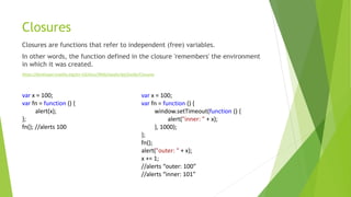 Closures
Closures are functions that refer to independent (free) variables.
In other words, the function defined in the closure 'remembers' the environment
in which it was created.
https://developer.mozilla.org/en-US/docs/Web/JavaScript/Guide/Closures
var x = 100;
var fn = function () {
alert(x);
};
fn(); //alerts 100
var x = 100;
var fn = function () {
window.setTimeout(function () {
alert("inner: " + x);
}, 1000);
};
fn();
alert("outer: " + x);
x += 1;
//alerts “outer: 100”
//alerts “inner: 101”
 