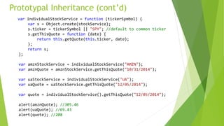 Prototypal Inheritance (cont’d)
var individualStockService = function (tickerSymbol) {
var s = Object.create(stockService);
s.ticker = tickerSymbol || "SPY"; //default to common ticker
s.getThisQuote = function (date) {
return this.getQuote(this.ticker, date);
};
return s;
};
var amznStockService = individualStockService("AMZN");
var amznQuote = amznStockService.getThisQuote("10/31/2014");
var uaStockService = individualStockService("UA");
var uaQuote = uaStockService.getThisQuote("12/05/2014");
var quote = individualStockService().getThisQuote("12/05/2014");
alert(amznQuote); //305.46
alert(uaQuote); //69.43
alert(quote); //208
 