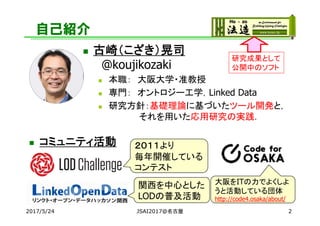 自己紹介
 コミュニティ活動
 古崎（こざき）晃司
@koujikozaki
 本職： 大阪大学・准教授
 専門： オントロジー工学，Linked Data
 研究方針：基礎理論に基づいたツール開発と，
それを用いた応用研究の実践．
22017/5/24 JSAI2017@名古屋
２０１１より
毎年開催している
コンテスト
関西を中心とした
LODの普及活動
大阪をITの力でよくしよ
うと活動している団体
http://code4.osaka/about/
研究成果として
公開中のソフト
 