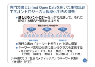 基となるオントロジー
 基となるオントロジーを⼈⼿で⽤意して，それに
関係する概念や関係を追加する
 専⾨⽂書の「キーワード索引」(*)を基に構築
 キーワード索引の単語に最上位クラスを定義する
 最上位クラス︓「ゴール」「構造」「性質」
「⽣物」「部位」「物質」「振る舞い」「その他」
専⾨⽂書とLinked Open Dataを⽤いた⽣物規範
⼯学オントロジーの⼤規模化⼿法の開発
56
構造 性質⽣物
特徴的構造 関連性質
(*)本研究では「昆⾍ミメティックス」のキーワード索引
（656語）を利⽤．
 
