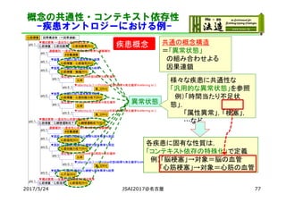 概念の共通性・コンテキスト依存性
-疾患オントロジーにおける例-
疾患概念疾患概念 共通の概念構造
＝「異常状態」
の組み合わせよる
因果連鎖
異常状態
…など
様々な疾患に共通性な
「汎用的な異常状態」を参照
例）「時間当たり不足状
態」，
「属性異常」，「梗塞」，
…など
各疾患に固有な性質は，
「コンテキスト依存の特殊化」で定義
例）「脳梗塞」→対象＝脳の血管
「心筋梗塞」→対象＝心筋の血管
2017/5/24 JSAI2017@名古屋 77
 