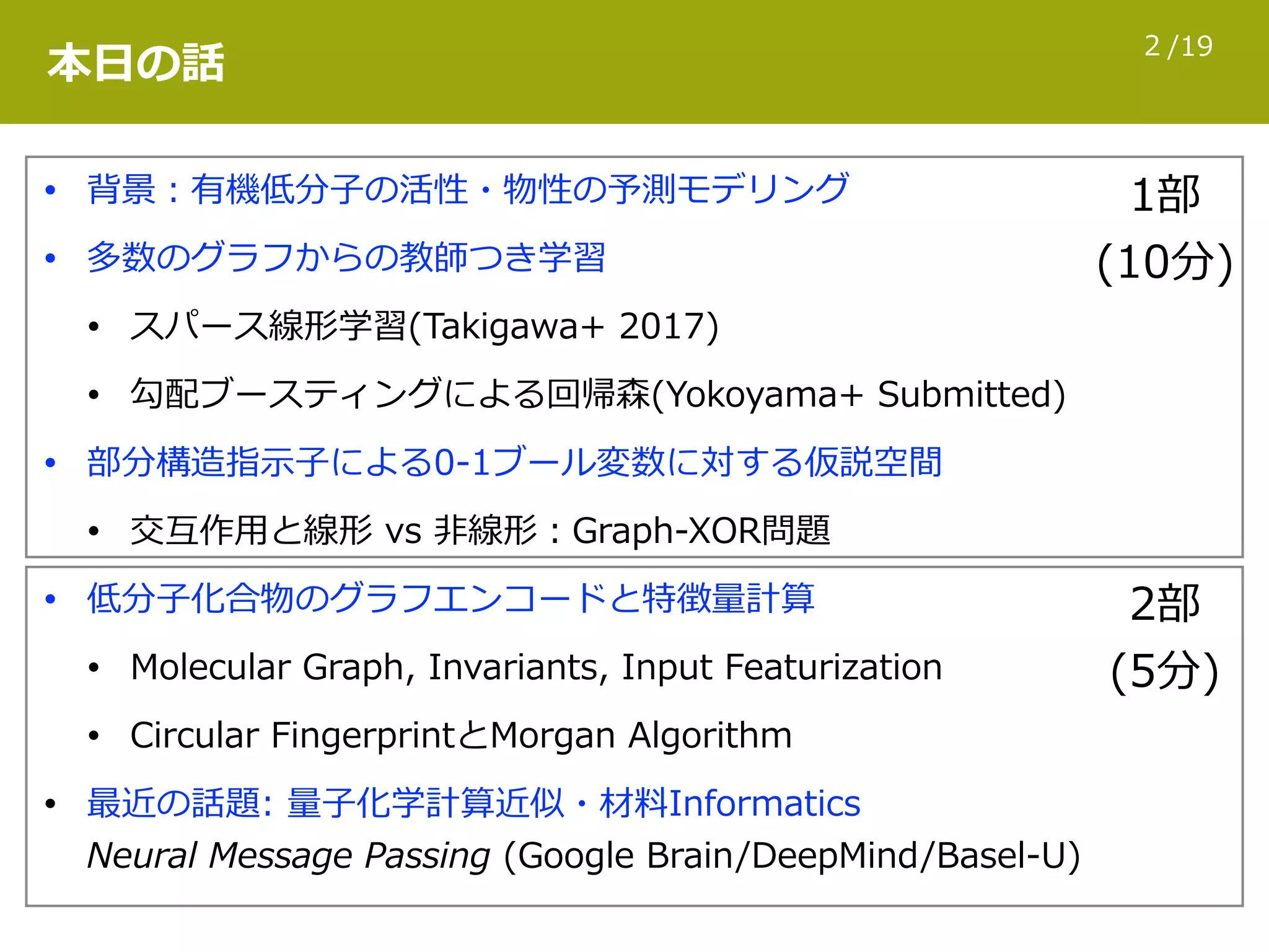 /192
本⽇の話
• 背景：有機低分⼦の活性・物性の予測モデリング
• 多数のグラフからの教師つき学習
• スパース線形学習(Takigawa+ 2017)
• 勾配ブースティングによる回帰森(Yokoyama+ Submitted)
• 部分構造指⽰⼦による0-1ブール変数に対する仮説空間
• 交互作⽤と線形 vs ⾮線形：Graph-XOR問題
• 低分⼦化合物のグラフエンコードと特徴量計算
• Molecular Graph, Invariants, Input Featurization
• Circular FingerprintとMorgan Algorithm
• 最近の話題: 量⼦化学計算近似・材料Informatics 
Neural Message Passing (Google Brain/DeepMind/Basel-U)
1部
(10分)
2部
(5分)
 