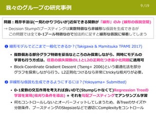 /199
我々のグループの研究事例
問題：既存⼿法は(⼀⾒わかりづらいが)近似できる関数が「線形」のみ (線形の仮説空間)
→ Decision Stumpのブースティングは実数特徴なら⾮線形な仮説を⽣成できるが 
  この問題では全て0-1ブール特徴なので加法的に⾜すと線形な仮説に帰着してしまう
❶ 線形モデルでどこまで⼀般化できるか？(Takigawa & Mamitsuka TPAMI 2017)
• 指数個ある部分グラフ特徴を妥当なところのみ探索しながら、同時にモデルの 
学習も⾏う⽅式は、任意の損失関数のL1とL2の正則化つき最⼩化問題に適⽤可
• Block-Coordinate Gradient Descent (Tseng+ 2006)という最適化法を部分 
グラフを探索しながら⾏う。L2正則化つけるなら⾮常にtrickyな枝刈りが必要。
❷ ⾮線形な仮説も⽣成できるようにするには？(Yokoyama+ Submitted)
• 0-1変数の交互作⽤を考えれば良いので(Stumpじゃなくて)Regression Treeの 
学習を実現(枝刈り条件を導出) + それを勾配ブースティングでアンサンブル学習
• 何もコントロールしないとオーバーフィットしてしまうため、各Treeのサイズや 
分割条件、ブースティングのStepsizeなどで適切にComplexityをコントロール
 