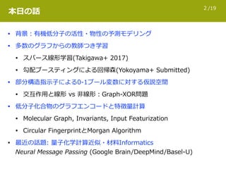 /192
本⽇の話
• 背景：有機低分⼦の活性・物性の予測モデリング
• 多数のグラフからの教師つき学習
• スパース線形学習(Takigawa+ 2017)
• 勾配ブースティングによる回帰森(Yokoyama+ Submitted)
• 部分構造指⽰⼦による0-1ブール変数に対する仮説空間
• 交互作⽤と線形 vs ⾮線形：Graph-XOR問題
• 低分⼦化合物のグラフエンコードと特徴量計算
• Molecular Graph, Invariants, Input Featurization
• Circular FingerprintとMorgan Algorithm
• 最近の話題: 量⼦化学計算近似・材料Informatics 
Neural Message Passing (Google Brain/DeepMind/Basel-U)
 