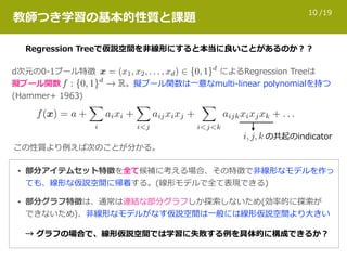 /1910
教師つき学習の基本的性質と課題
Regression Treeで仮説空間を⾮線形にすると本当に良いことがあるのか？？
d次元の0-1ブール特徴 によるRegression Treeは 
擬ブール関数 。擬ブール関数は⼀意なmulti-linear polynomialを持つ  
(Hammer+ 1963)
の共起のindicator
この性質より例えば次のことが分かる。
• 部分アイテムセット特徴を全て候補に考える場合、その特徴で⾮線形なモデルを作っ
ても、線形な仮説空間に帰着する。(線形モデルで全て表現できる)
• 部分グラフ特徴は、通常は連結な部分グラフしか探索しないため(効率的に探索が 
できないため)、⾮線形なモデルがなす仮説空間は⼀般には線形仮説空間より⼤きい
→ グラフの場合で、線形仮説空間では学習に失敗する例を具体的に構成できるか？
 