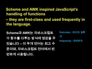 Scheme and AWK inspired JavaScript‟s
handling of functions.

handling : 다루는 것
inspire : 영감을 주다.

 